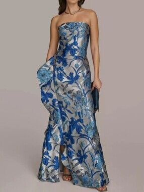Donna Karen Blue Floral Strapless Brocade Gown